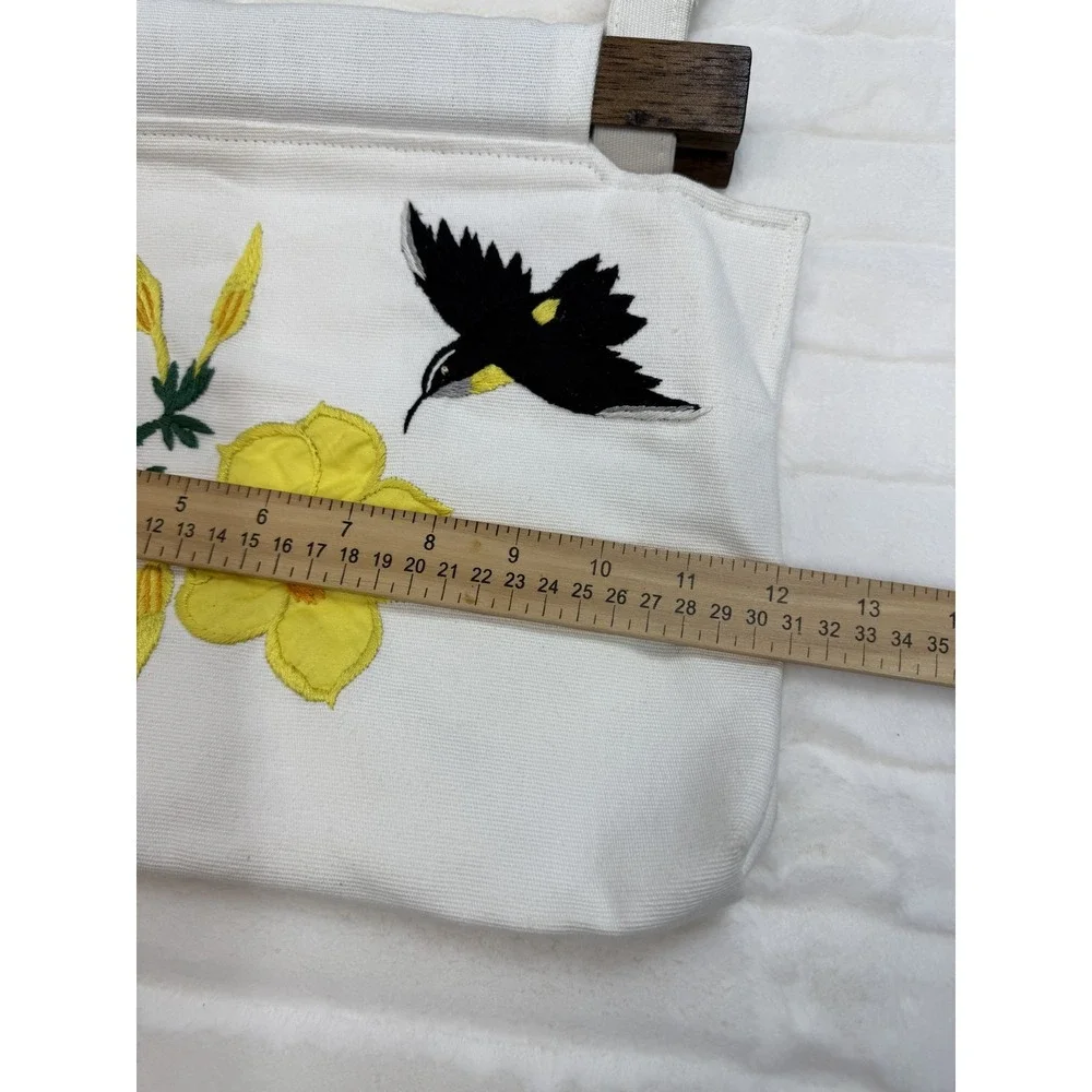 Embroidered Canvas Tote‎ Bag Womens White Yellow Flower Bird Wood Handle Purse